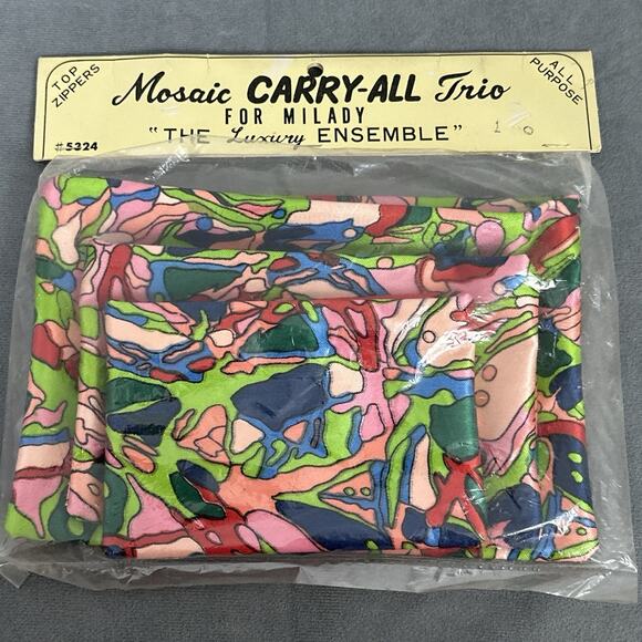 Vintage Zipper Pouches Set of 3 Mid Century Modern Mod Mosaic Carry All Trio - Picture 1 of 6